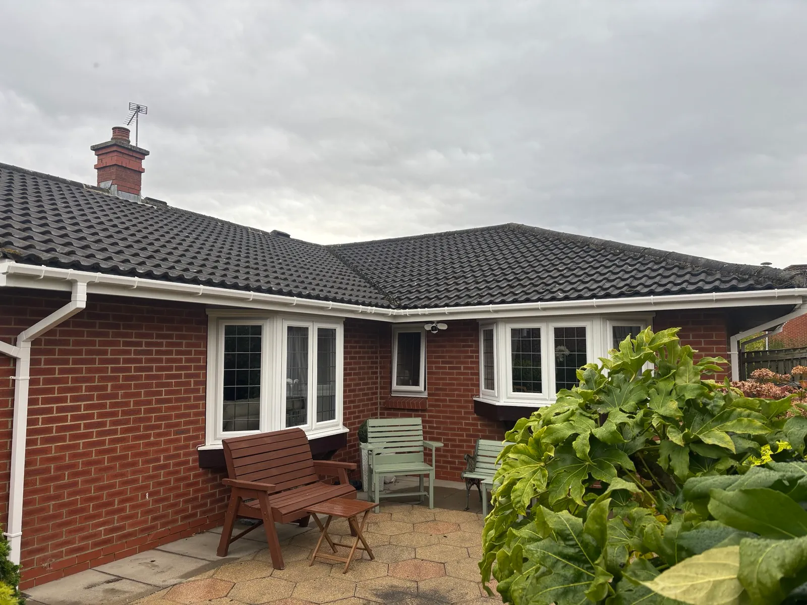 Completed white roofline and white square guttering around the rear of a brick bungalow in Binchester Moor.