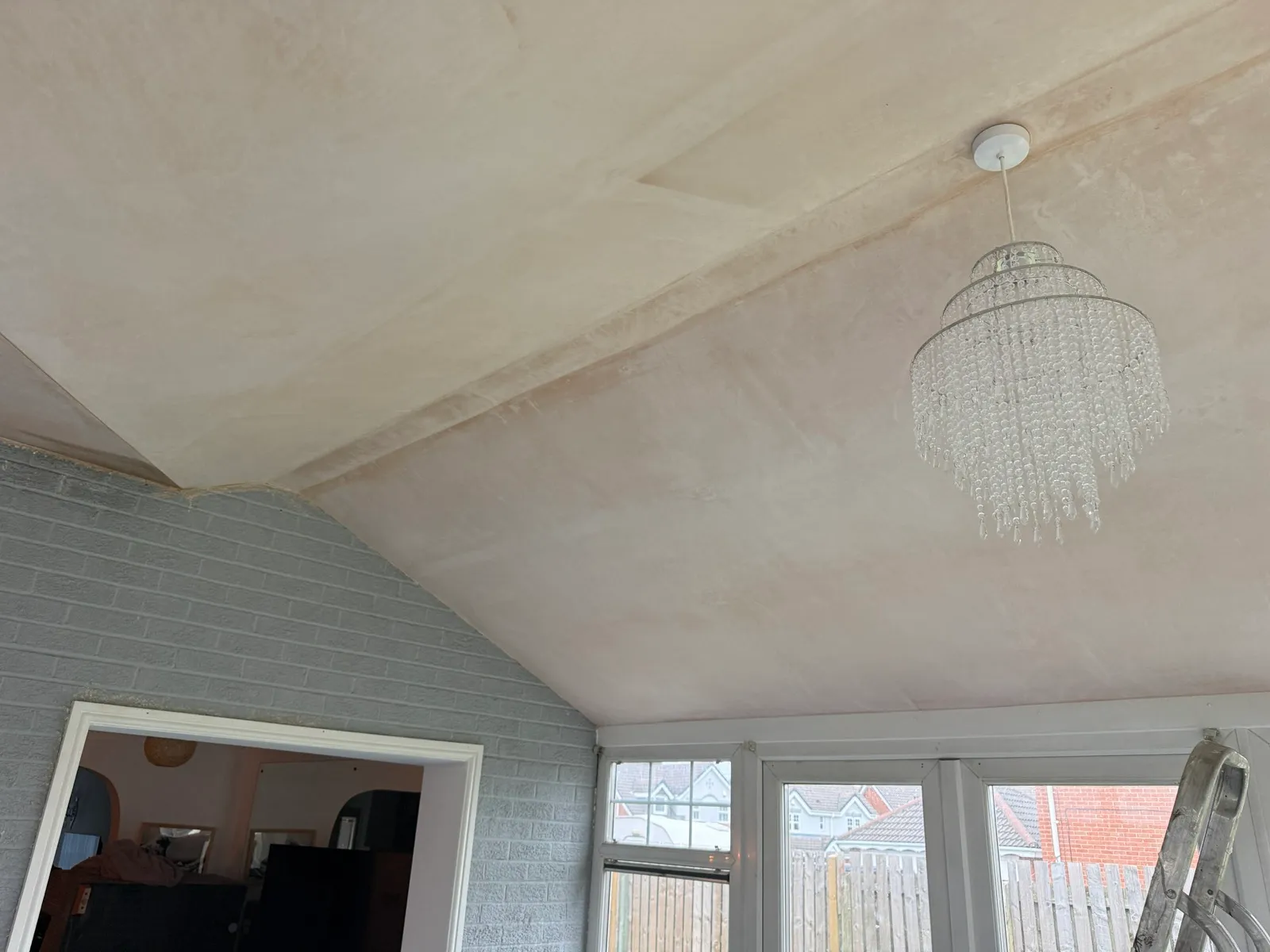 Internal view of the plastered ceiling at the house wall.