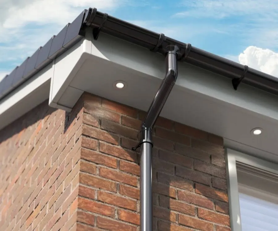 Square fascia and soffit shown at a roof edge with black guttering