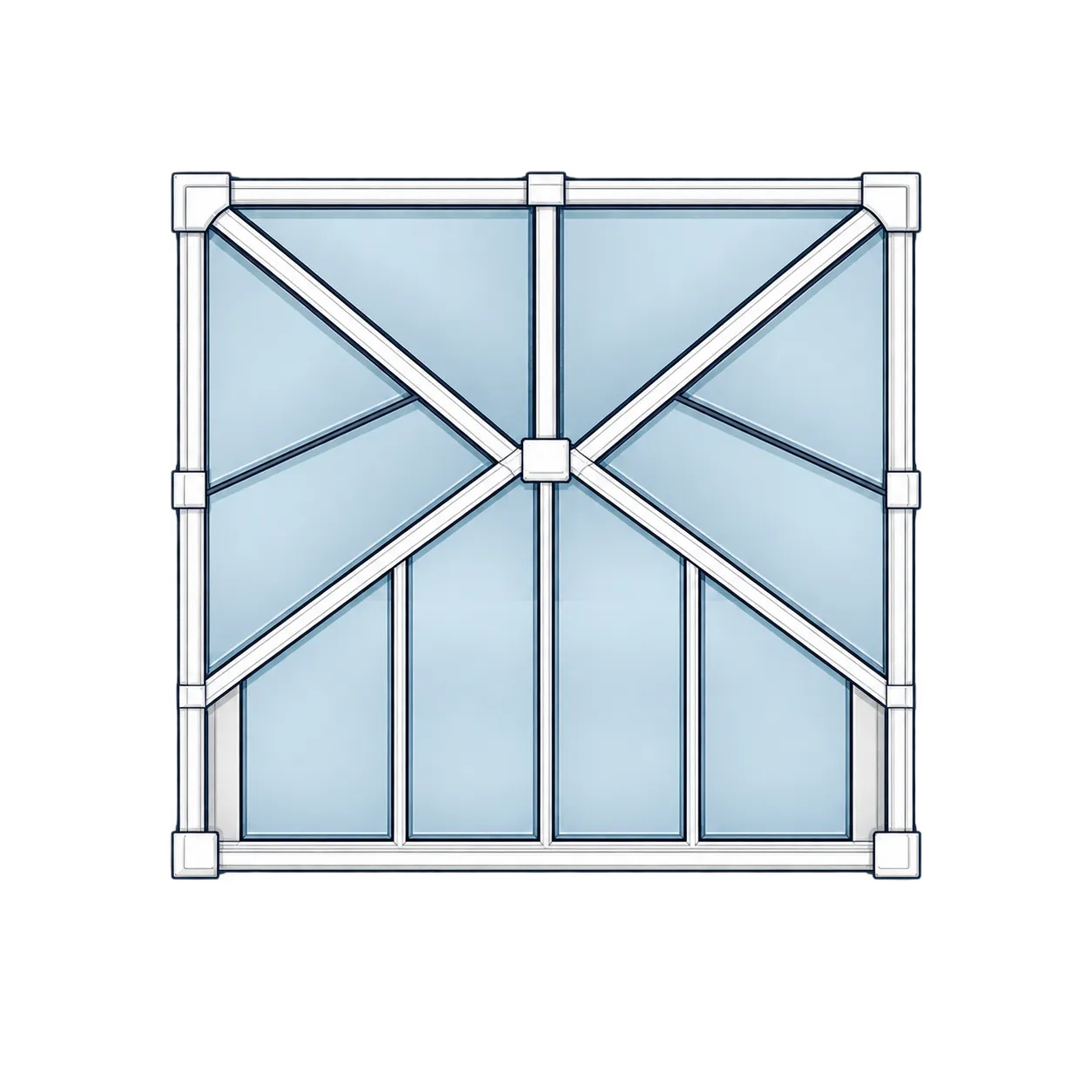 Plan view of an Edwardian conservatory roof: a square hipped roof with the hips meeting at a central point.