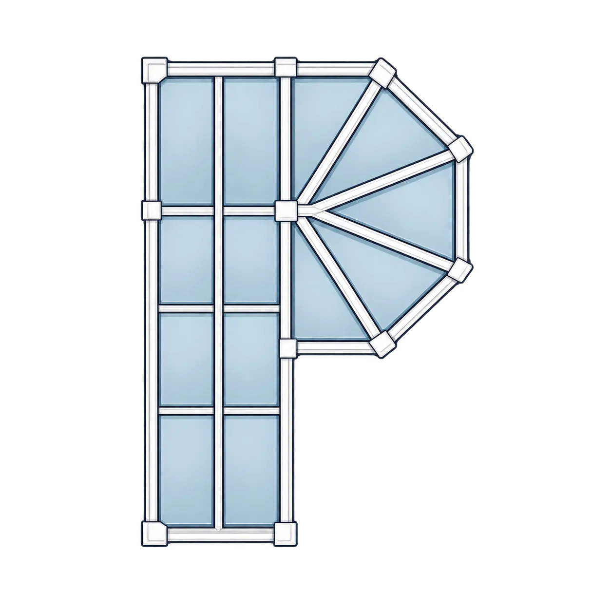 Plan view of a P-shaped conservatory roof: a rectangular run with a projecting rounded bay to one side.