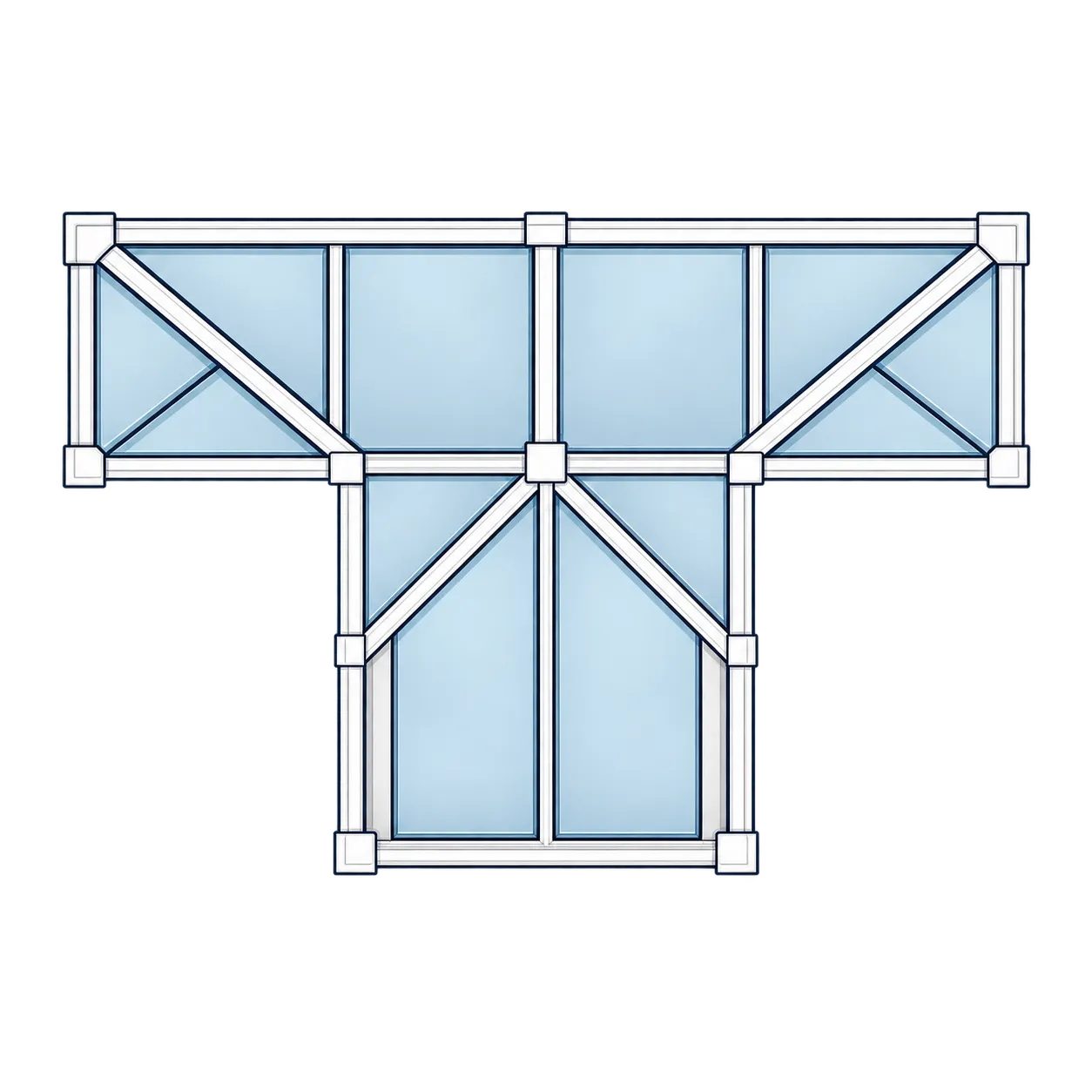 Plan view of a T-shaped conservatory roof: a wide run with a central bay projecting from the middle.